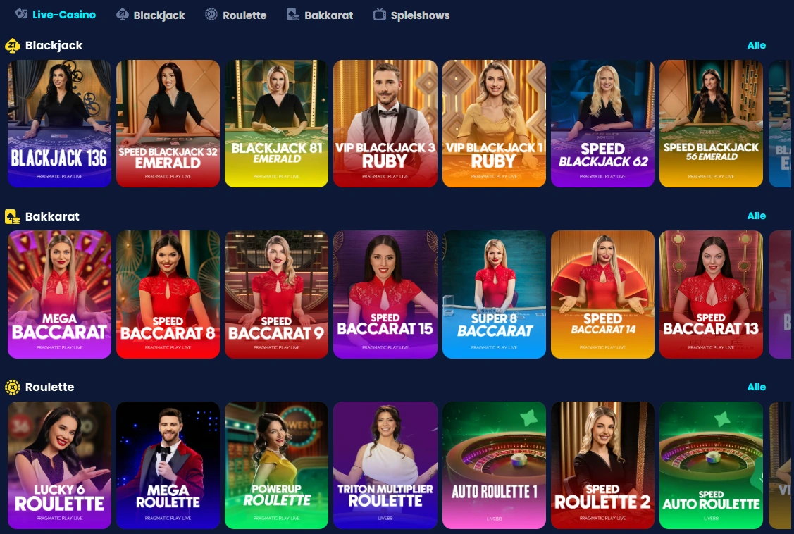 Übersicht aller Live-Casino-Spiele im RichGringo Online Casino