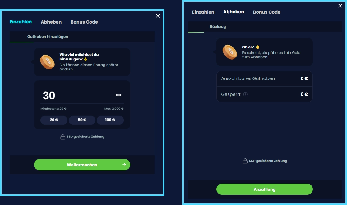 Einzahlungs- und Auszahlungsdaten bei RichGringo
