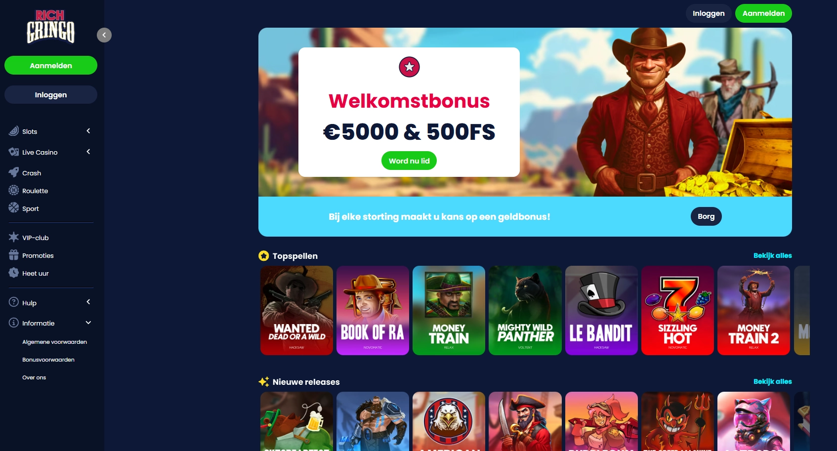 Overzicht van de hoofdpagina voor RichGringo casino
