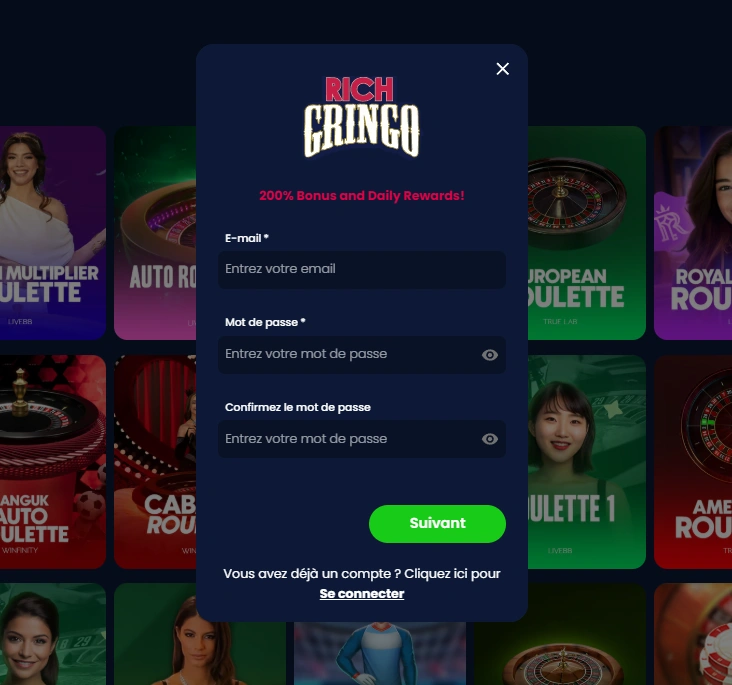 Inscription rapide pour les nouveaux joueurs chez RichGringo