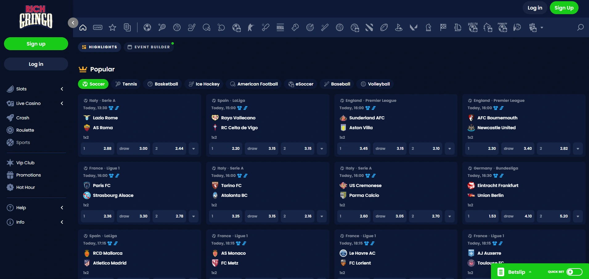 Simple pre-match betting at RichGringo