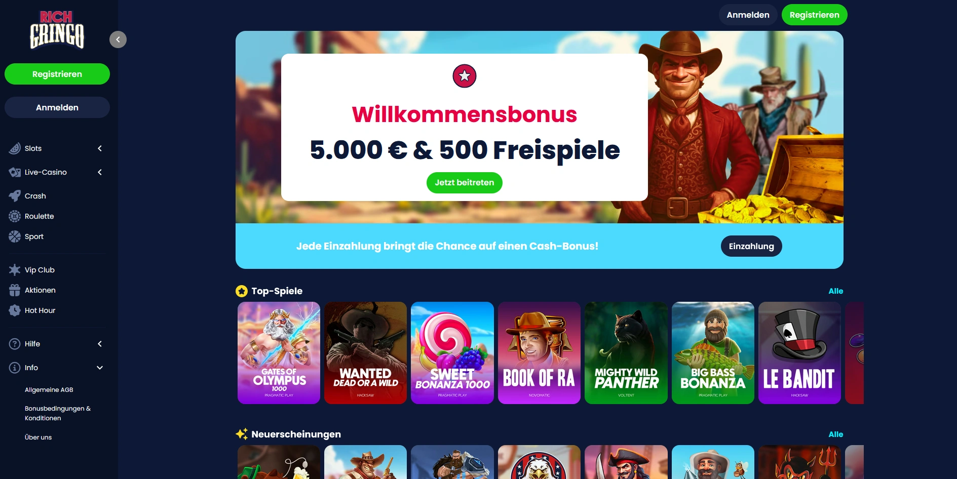 Übersicht der RichGringo -Hauptseite